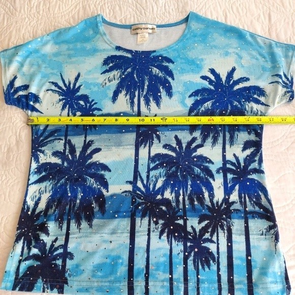 Cathy Daniels - Palm Trees Beach Blue Shirt w/ Sequins Tropical Print - Picture 4 of 6